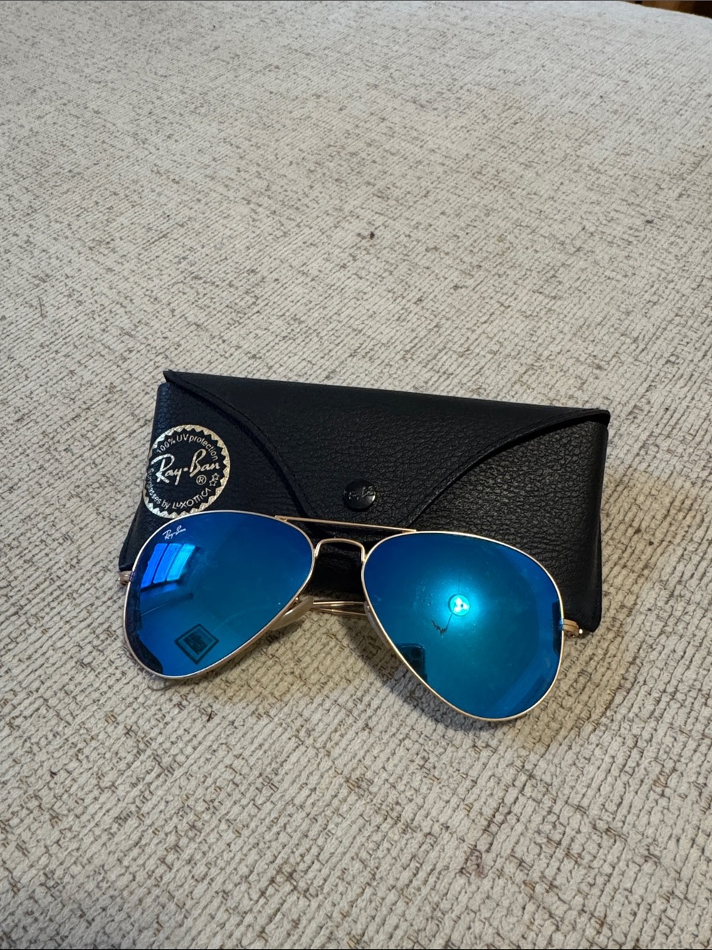 Ray-Ban Gold Frame Aviator Sunglasses with Blue Mirror Lenses